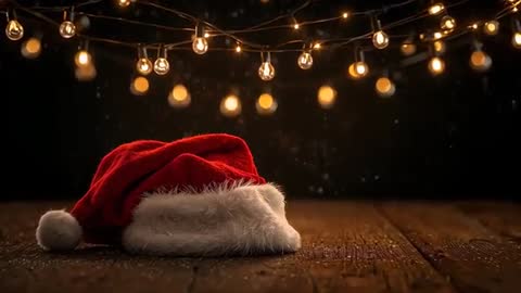 Santa Hat Resting on Wooden Table with Twinkling Warm Lights and Falling Snow