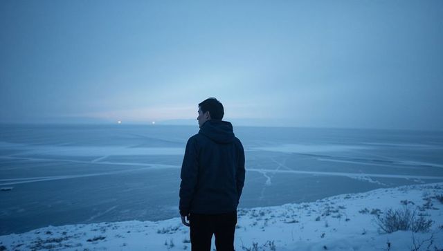 Solitary man standing on snowy bluff overlooking cracked frozen sea at dusk, quiet solitude
