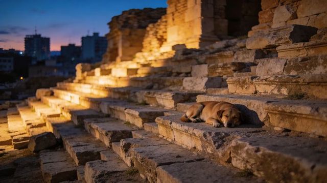 Sleeping stray dog resting on ancient stone steps at twilight with warm urban lights