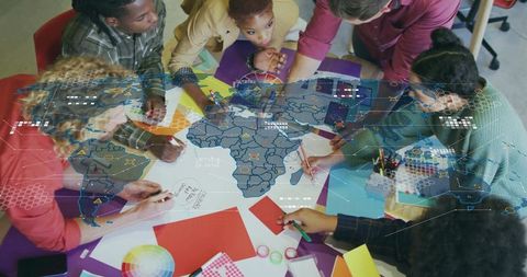 Collaborating diverse team brainstorming creative workshop with ar world map overlay