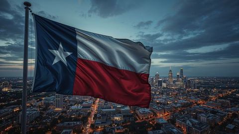 Texas state flag flying at dusk over city skyline