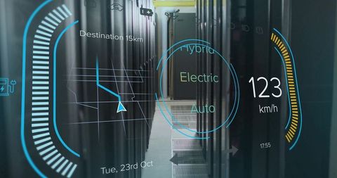 Futuristic Data Center HUD with Telemetry, Navigation and Electric Vehicle Mode Display