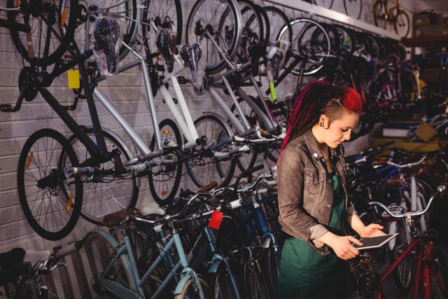 Mechanic with dreadlocks using a digital tablet in a bicycle workshop. Bikes hanging on the wall and placed on the floor, tools and equipment visible. Suitable for topics related to bike repair, technology in traditional industries, small business operations, and industrial work environments.