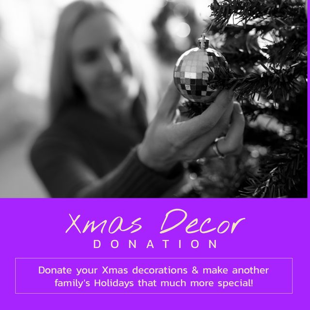 Square image of caucasian woman decorating christmas tree with christmas decor donation text. Christmas decor donation campaign.