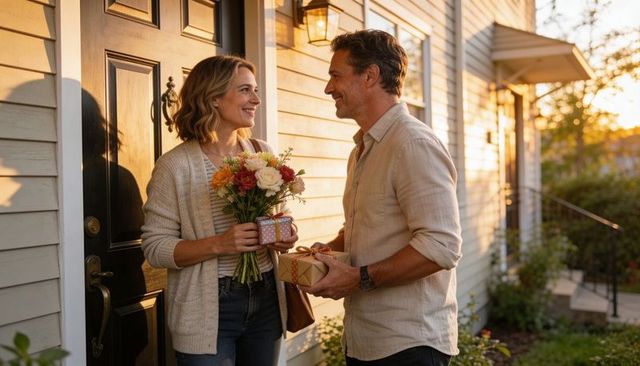 Couple exchanging gifts and bouquet on front porch at sunset, warm romantic homecoming
