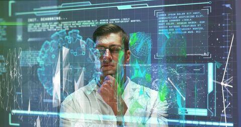 Futuristic data scientist analyzing holographic world map