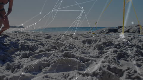 Woman Playing Beach Volleyball with Digital Connection Overlay