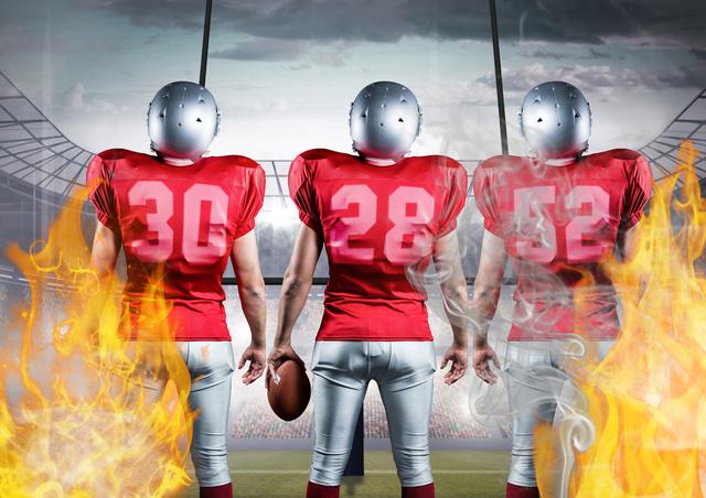 Digital composition of american football players standing with ball against flames and stadium in background
