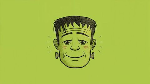 Cheerful frankenstein cartoon monster with stitches and bolts on green background