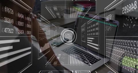 Business team collaborating with holographic data overlays on laptop for digital analytics