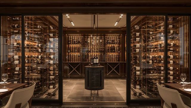 Luxury glass-enclosed wine cellar with central pedestal tasting table and backlit racks
