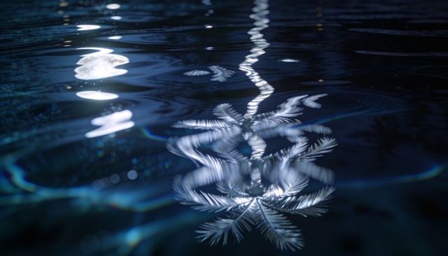 Moonlit pool water reflecting silvery palm fronds, rippling bokeh and shimmering orbs