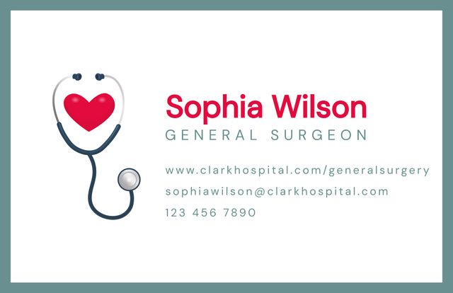 Visual of a business card for a general surgeon features essential contact information including name, phone number, email, and website. The stethoscope with a heart graphic indicates the medical profession of the card owner. Ideal for healthcare professionals, medical service providers, and healthcare business branding.