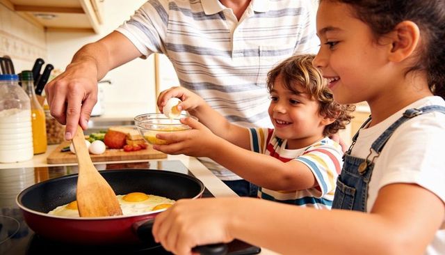 Father and children cooking breakfast together, cracking eggs and frying sunny-side up