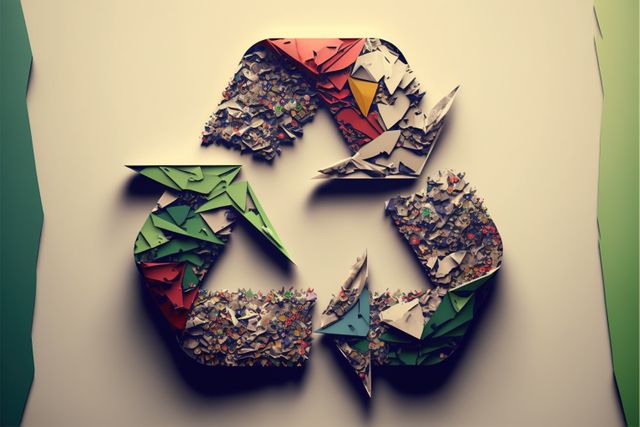 Colorful recycling symbol with litter on beige background, created using generative ai technology. Recycling and ecology concept digitally generated image.