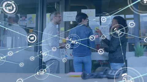 Innovative Team Discussing Ideas with Digital Network Overlay