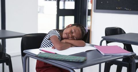 Young Student Sleeping on Desk with School Supplies