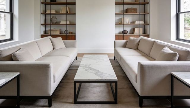 Minimalist symmetrical living room featuring marble coffee table and beige sofas