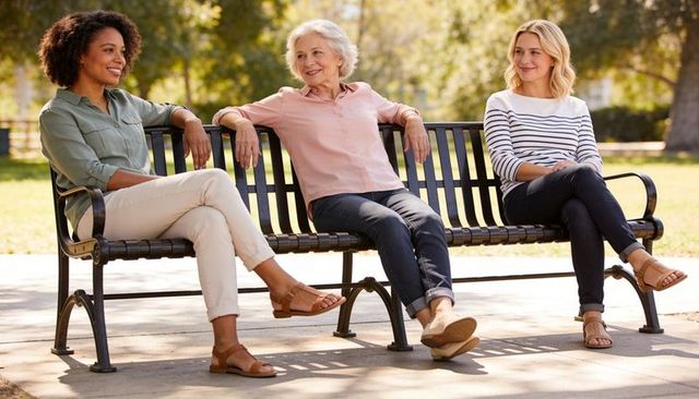 Three women chatting on sunlit park bench enjoying relaxed multigenerational friendship