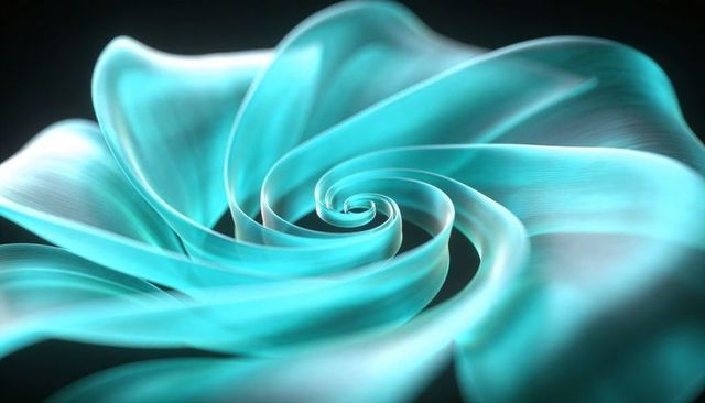 Shimmering teal ribbon spiral sculptural abstract flowing luminous swirl pattern