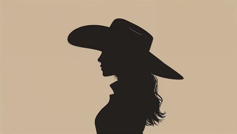 Elegant silhouette of cowgirl in wide brimmed hat on beige
