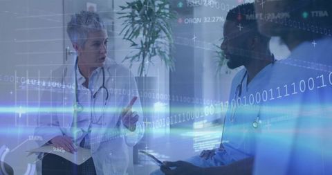 Senior Physician Leading Medical Team with Digital Interface Overlays