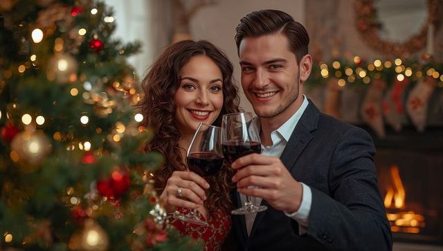 Happy Couple Toasting with Red Wine by Christmas Tree and Fireplace