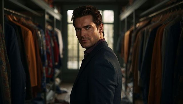 Man turning to camera in moody boutique wardrobe wearing dark blazer and patterned shirt