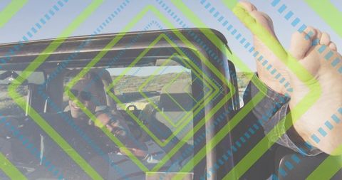 Mature friends relaxing barefoot and reclining in open jeep roadside with geometric overlay