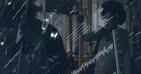 Masked Commuter on Bus with Futuristic Data Overlay