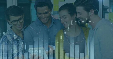 Diverse Team Collaborating over Financial Data on Smartphone