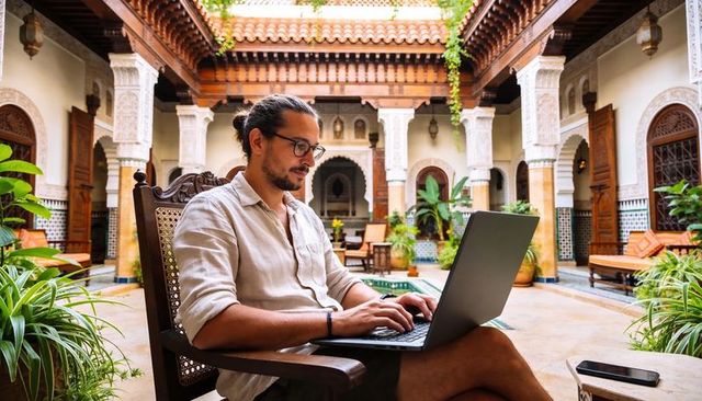 Digital nomad working in moroccan riad courtyard with laptop on sunlit tiled patio