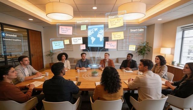 Diverse team collaborating around conference table reviewing ar holographic map and notes