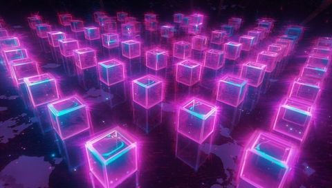Neon Glass Cube Grid with Magenta Cyan Glow and Futuristic Voxel Matrix