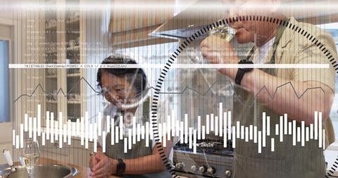 Senior couple cooking at home with data overlays and digital analytics in modern kitchen