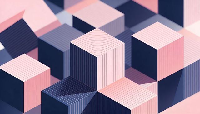 Pastel geometric cubes featuring linear stripes and long shadows for minimalist abstract design