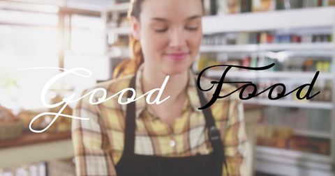 Woman in Bakery Holding Pastries with Good Food Text Overlay
