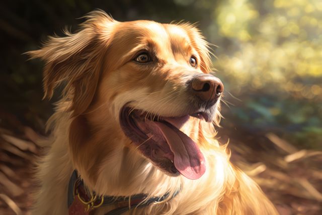 Golden Retriever enjoying a sunny day in a forest. The golden light highlights its joyful expression and playful nature. Ideal for use in promotions for pet products, outdoor activities, nature-friendly brands, and positive and uplifting marketing materials.