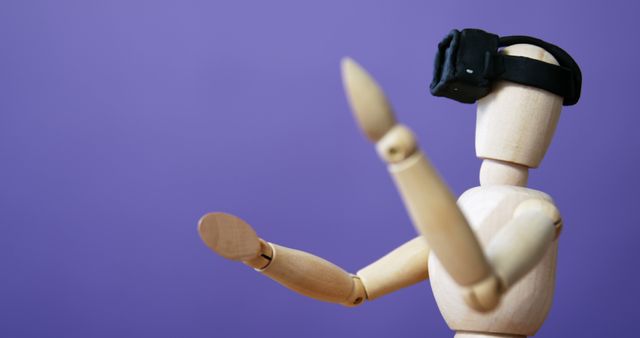 This image features a wooden mannequin wearing a virtual reality headset against a purple backdrop. Ideal for illustrating concepts of technology, innovation, virtual reality experiences, and digital transformation. Suitable for use in tech articles, educational materials about VR, and promotional materials for VR products.