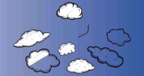 Handdrawn doodle clouds on blue gradient background sketchy ink hatch minimalist sky design