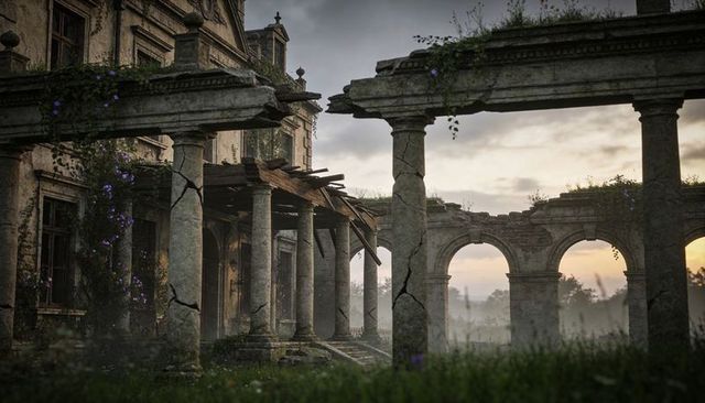 Overgrown classical ruins with cracked columns, collapsed beam and purple vines at dawn