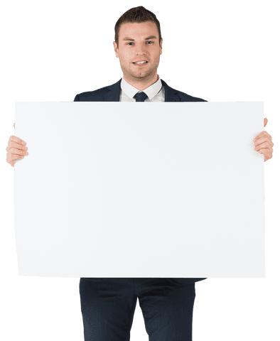 Smiling Businessman Holding Large Blank Card Isolated on White - Download Free Stock Videos Pikwizard.com