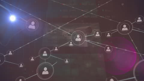 Digital network videory shows interconnected user icons, representing connections over technology platforms. Involving light flare and abstract style, perfect for depicting online communities, global networking, or digital communication concepts. Useful for presentations, background designs in tech industries or illustrating themes of connectivity in businesses.