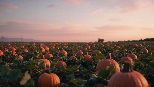 Sunset over pumpkin patch landscape symbolizing autumn harvest