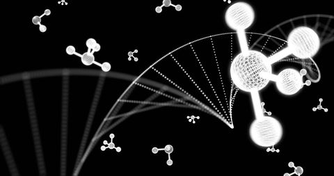 Molecules and dna strand on black background