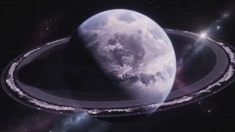 Ringed exoplanet rotating through starlight with dusty orbital rings and nebula backdrop