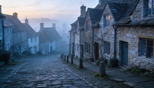 Misty dawn cobblestone lane descending past quaint stone cottages