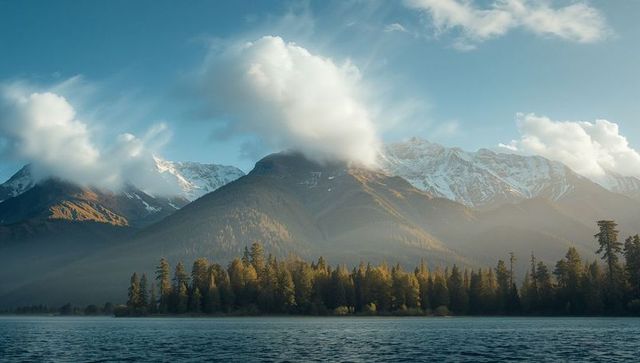 Mt peak illuminating alpine lake with cloudy snowcaps