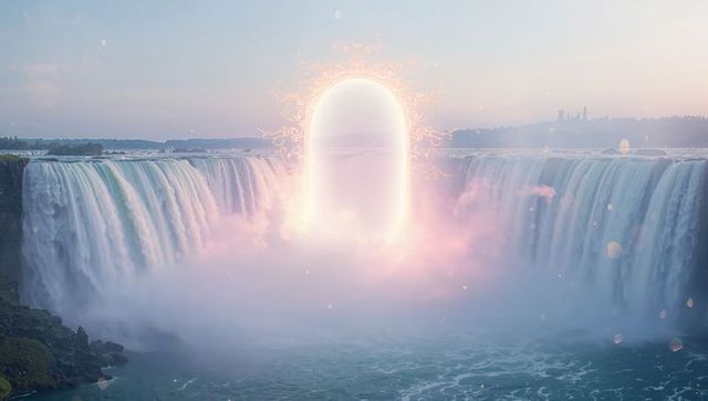 Glowing ornate portal hovering over horseshoe waterfall at dawn pastel fantasy gateway