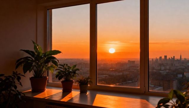Sunset city skyline through three-panel window with indoor potted plants on sill